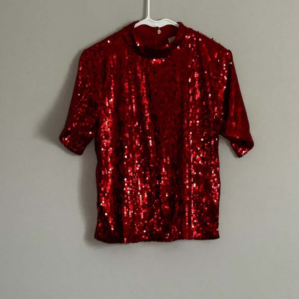 Michael Michael Kors Women's Crimson Sequin Short Sleeve Mock Neck Top